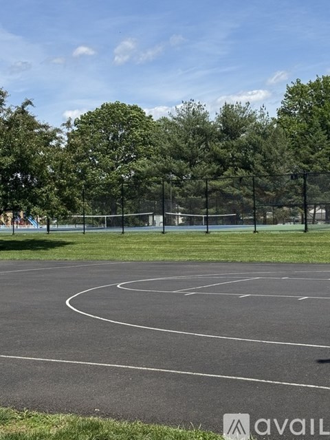 A basketball court is surrounded by trees and a fence.
