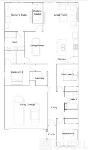 A floor plan of a house with labeled rooms such as Bedroom 2, Bath, Dining Room, Kitchen, and Owner's Suite.