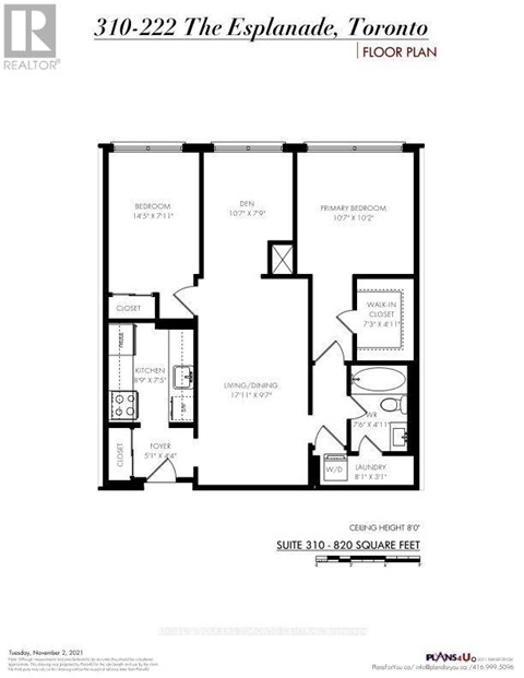 A floor plan for a condo at 310-222 The Esplanade, Toronto.