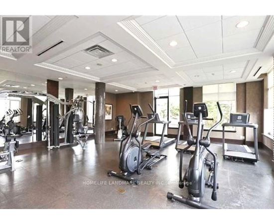 A gym with a variety of exercise equipment including treadmills, elliptical machines, and weight machines.