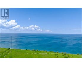 A real estate company logo is displayed on a scenic coastal background.