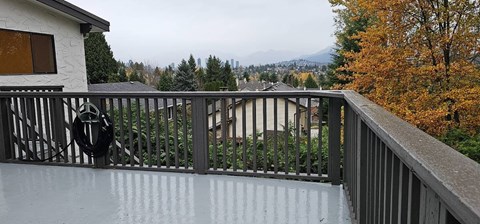 A balcony with a black railing and a view of a house and trees.