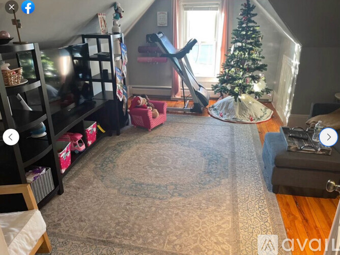 A living room with a Christmas tree and a slide.