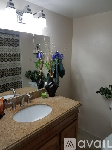 A bathroom with a sink and a mirror.