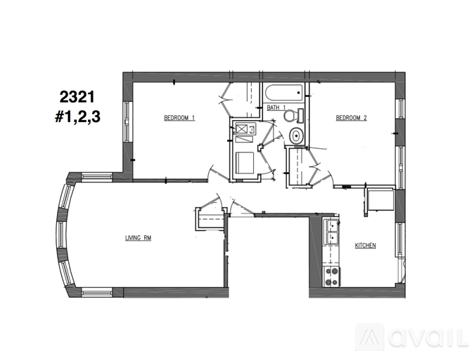 A floor plan of an apartment with two bedrooms and a living room.