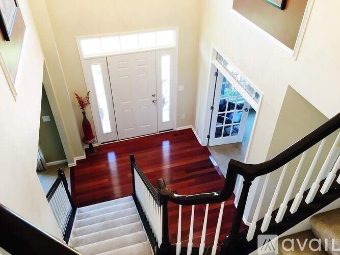 A staircase with a red carpet and a white door.