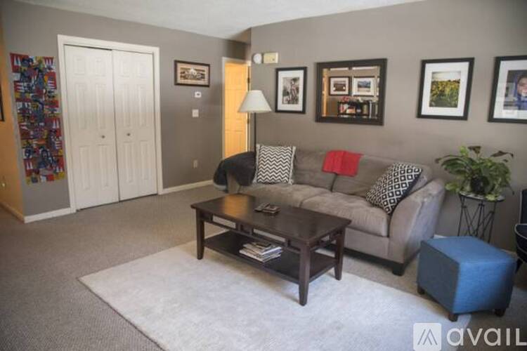 A living room with a grey couch, a coffee table, and a lamp.