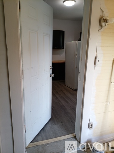 A white door is open to a room with a white fridge.