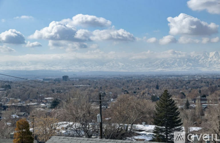 A view of a snowy landscape with trees and buildings in the distance.