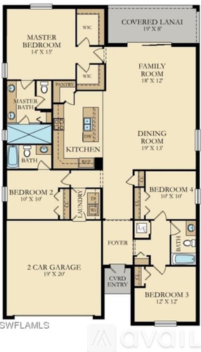 A floor plan of a house with a covered lanai and a master bedroom with a master bath.