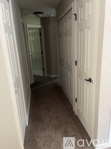 A hallway with white doors and carpeted floor.