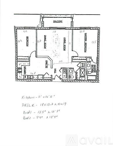 A floor plan of a house with a kitchen, living room, and two bedrooms.