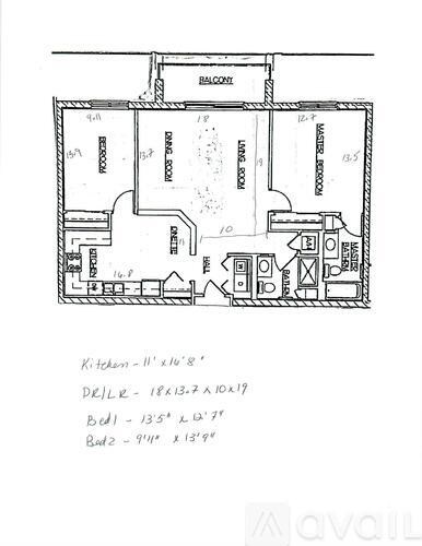 A floor plan of a house with a kitchen, living room, and two bedrooms.