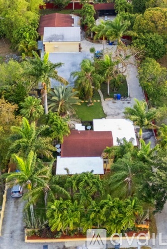 A lush green tropical landscape with a few buildings.