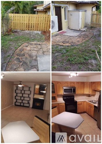 A collage of a backyard, a patio, a kitchen, and a living room.