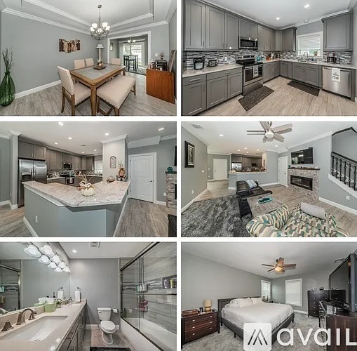 A series of images showcasing various rooms in a modern, well-furnished house.