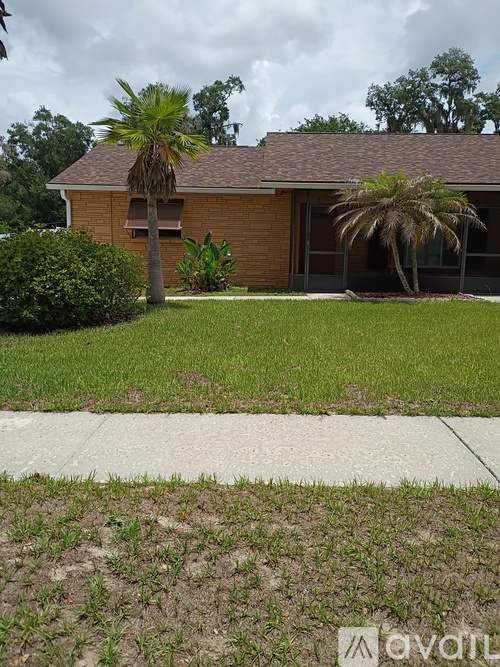 A house with a brown roof and a palm tree in front.