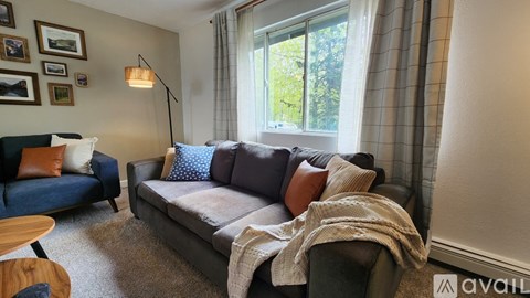 A living room with a grey couch and a blue chair.