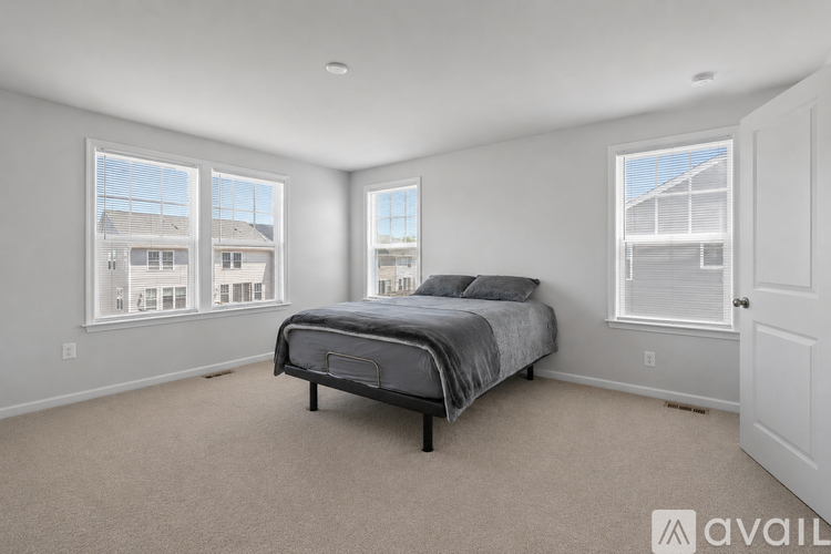 A bedroom with a large bed and two windows.