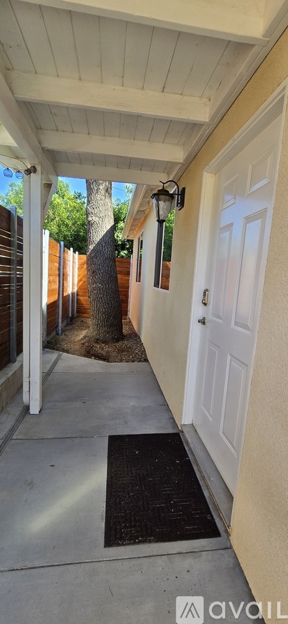 A white door is on the right side of a hallway.