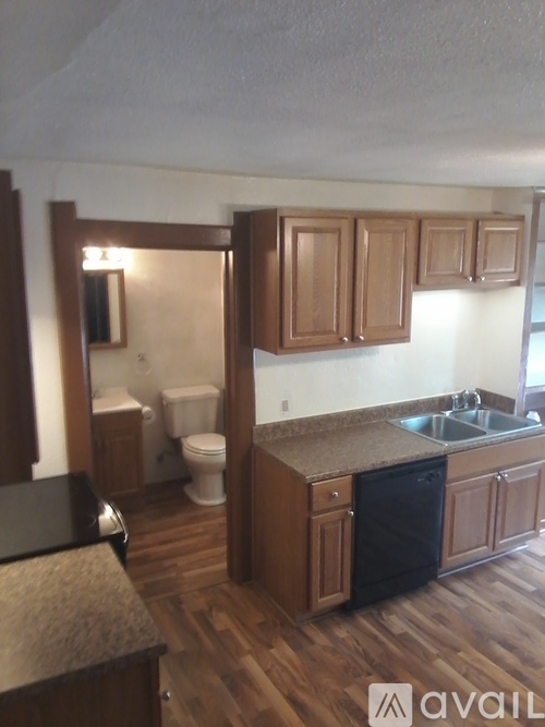 A kitchen with wooden cabinets and a black dishwasher.