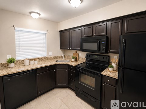A kitchen with black appliances and cabinets.