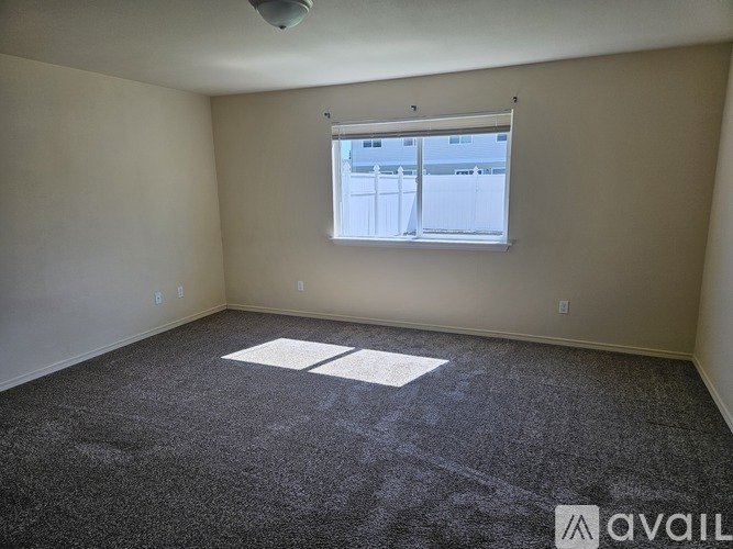 A room with a carpeted floor and a window with blinds.