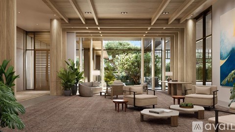 A modern living room with a carpeted floor and a large painting on the wall.