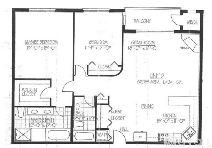 A black and white floor plan of a home with a balcony, a master bedroom, a great room, and a walk-in closet.