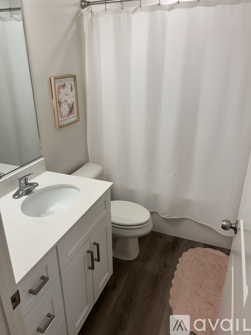 A white bathroom with a toilet, sink, and shower curtain.