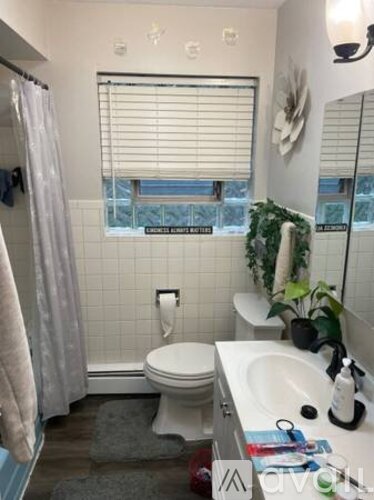 A bathroom with a toilet, sink, and a window with blinds.