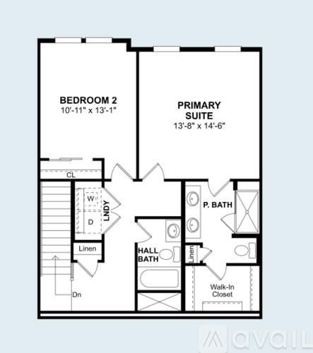 A floor plan of a suite with a bedroom, bathroom, and hallway.