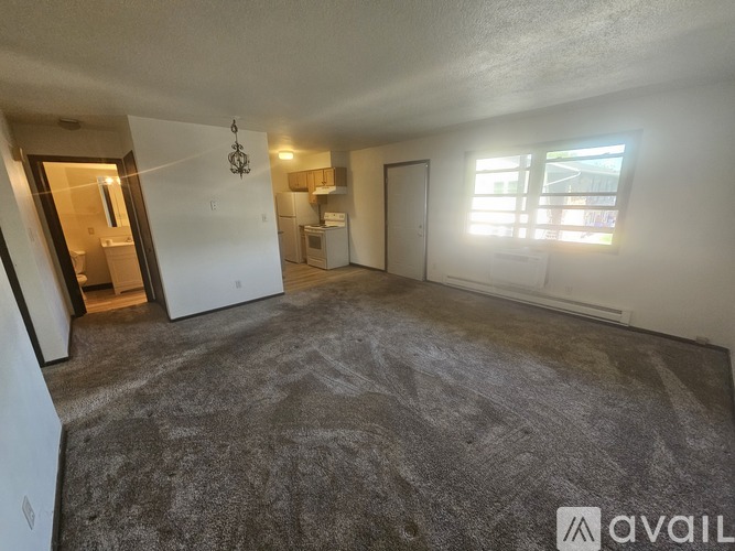 A spacious living room with a grey carpet and a large window.
