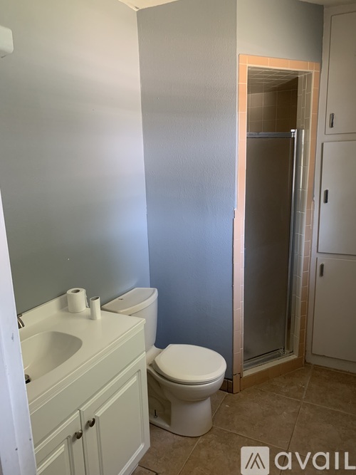 A bathroom with a toilet, sink, and shower.