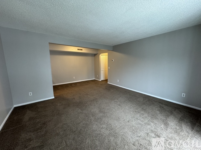 A spacious room with a carpeted floor and a doorway leading to another room.