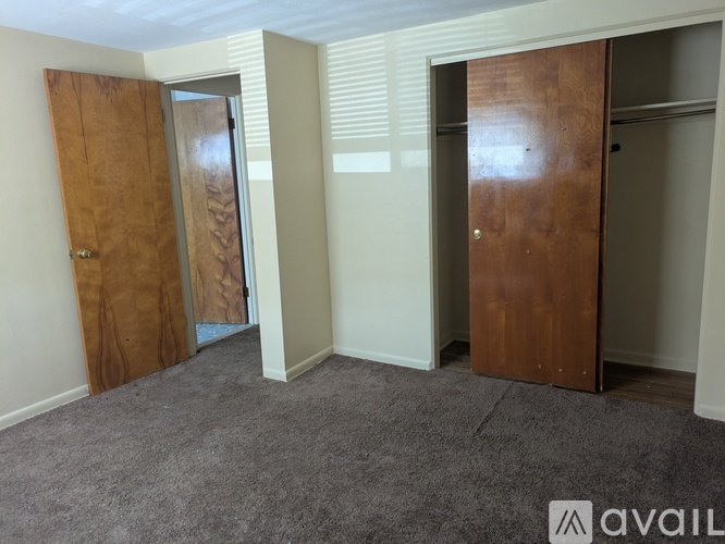 A room with two doors and a carpeted floor.