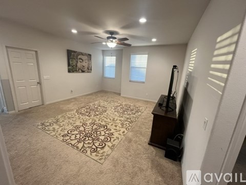 A living room with a rug, a ceiling fan, and a painting on the wall.