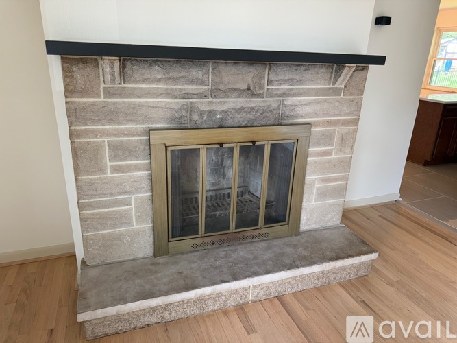 A stone fireplace with a glass door in the middle.