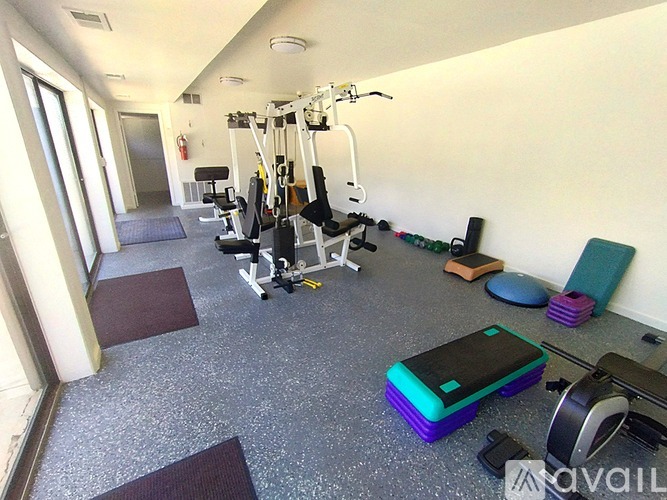 A gym with a variety of equipment including weights and a bench.