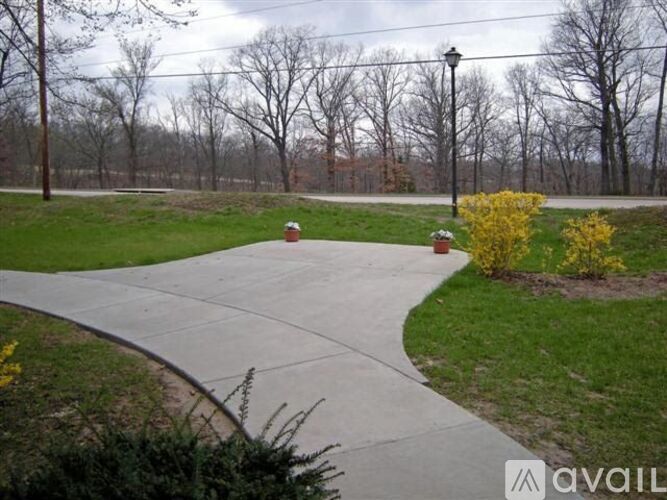A pathway in a park with a grassy area and trees in the background.