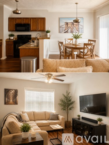 A living room with a couch, a television, and a dining table.