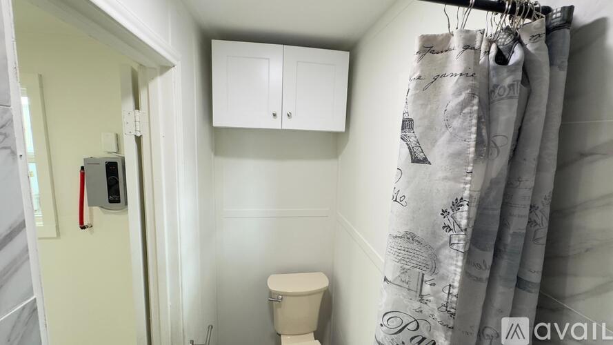 A bathroom with a toilet, a shower curtain with a pattern, and a white cabinet above the toilet.
