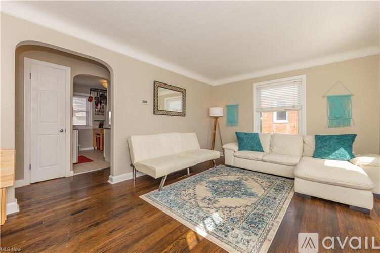 A living room with a white couch and a rug.
