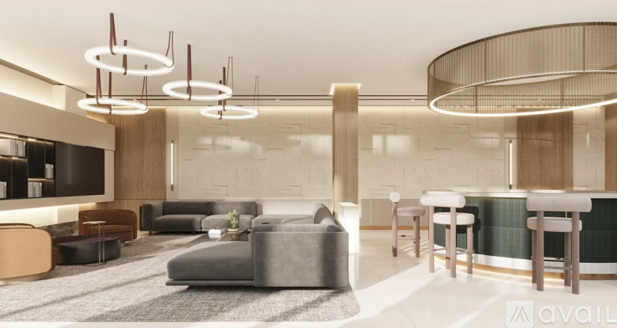 A modern living room with a grey sofa and wooden furniture.