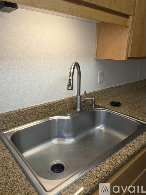 A kitchen sink with a faucet and a drain.