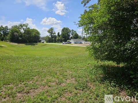 A grassy field with trees and a building in the distance.