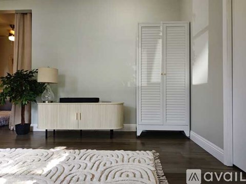 A white room with a rug, a cabinet, and a plant.