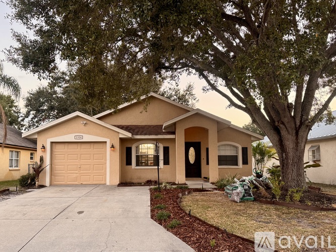 A beige house with a tree in front.