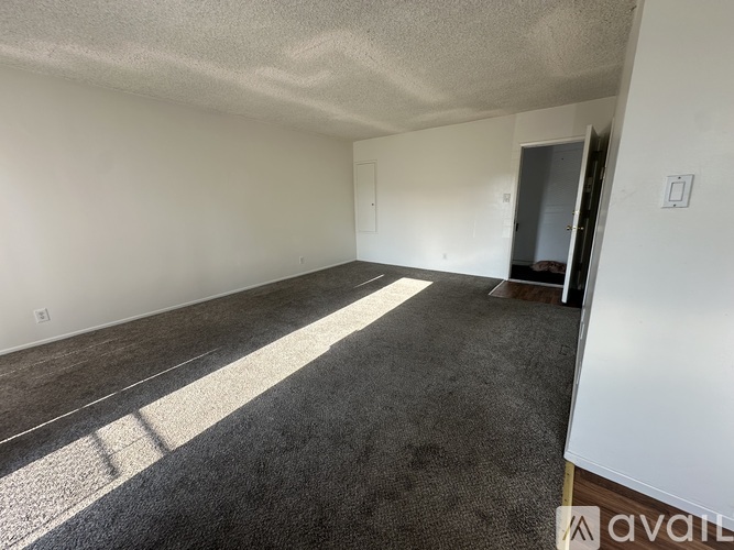 A spacious room with a carpeted floor and a door on the right side.