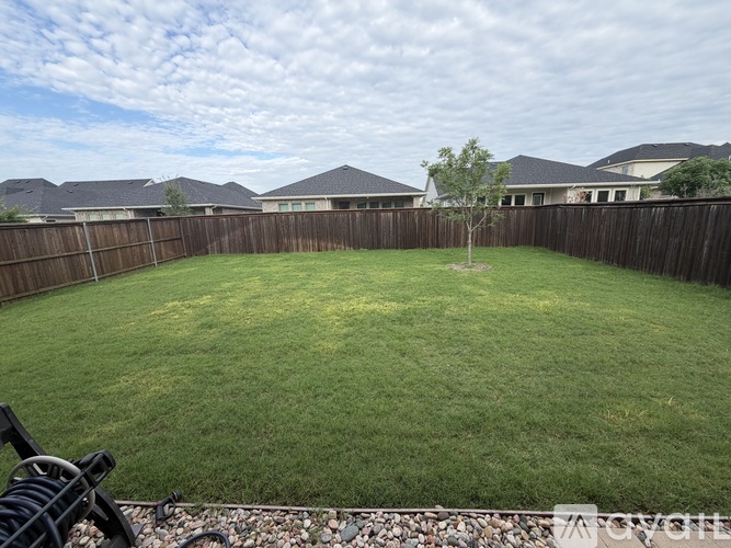 A backyard with a well-maintained lawn and a wooden fence.